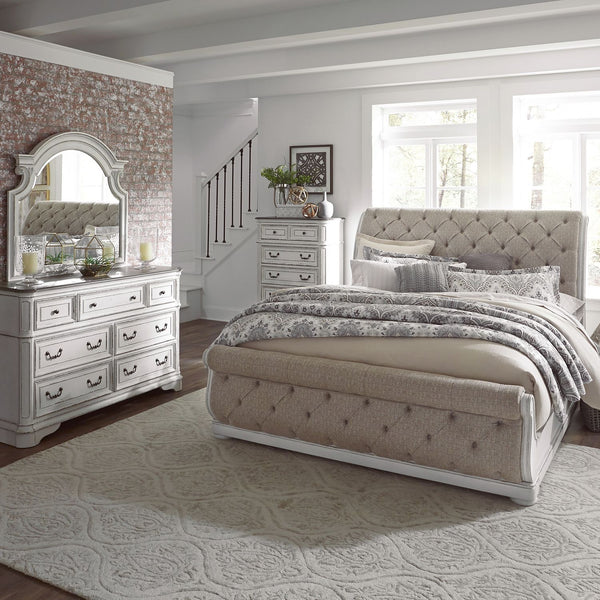 Magnolia Manor King California Upholstered Sleigh Bed, Dresser & Mirror, Chest - 244-BR-CKUSLDMC