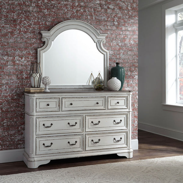 Magnolia Manor King California Upholstered Sleigh Bed, Dresser & Mirror, Night Stand - 244-BR-CKUSLDMN