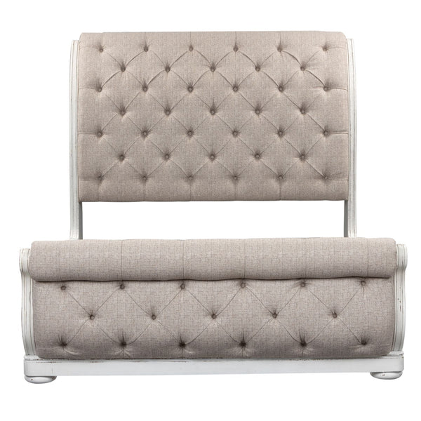 Magnolia Manor King California Upholstered Sleigh Bed, Dresser & Mirror, Night Stand - 244-BR-CKUSLDMN