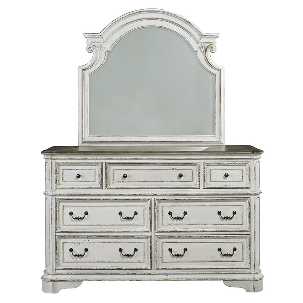 Magnolia Manor King California Upholstered Sleigh Bed, Dresser & Mirror, Night Stand - 244-BR-CKUSLDMN