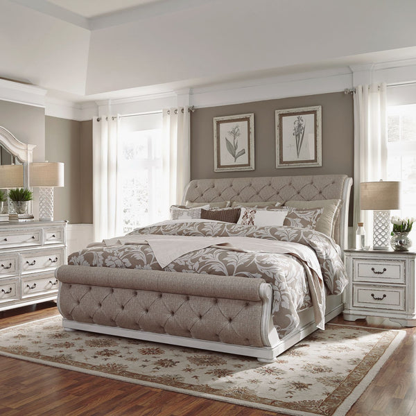 Magnolia Manor King California Upholstered Sleigh Bed, Dresser & Mirror, Night Stand - 244-BR-CKUSLDMN
