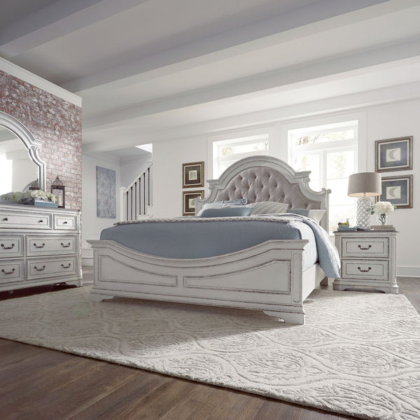 Magnolia Manor Queen Uph Bed, Dresser & Mirror, Night Stand - 244-BR-QUBDMN