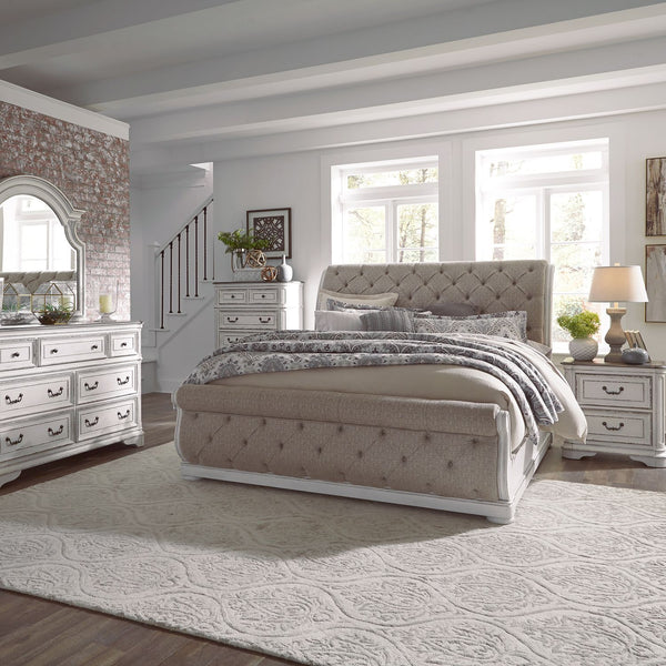 Magnolia Manor Queen Uph Sleigh Bed, Dresser & Mirror, Chest, Night Stand - 244-BR-QUSLDMCN
