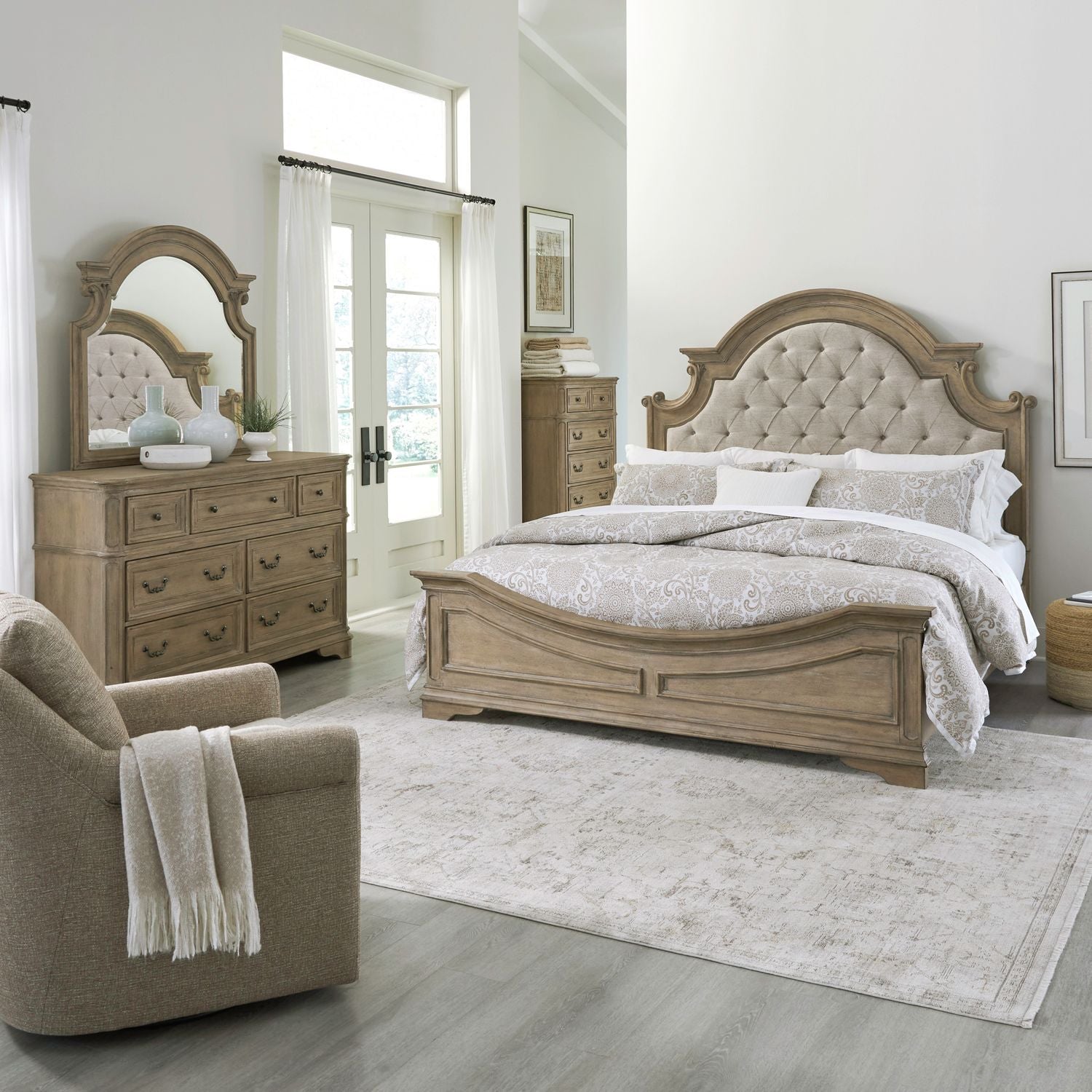 Magnolia Manor King Uph Bed, Dresser & Mirror, Chest