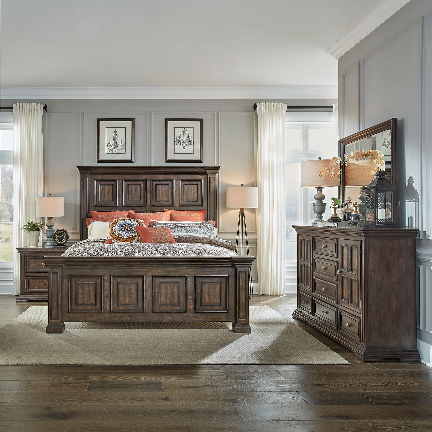 Big Valley King California Panel Bed, Dresser & Mirror, Night Stand