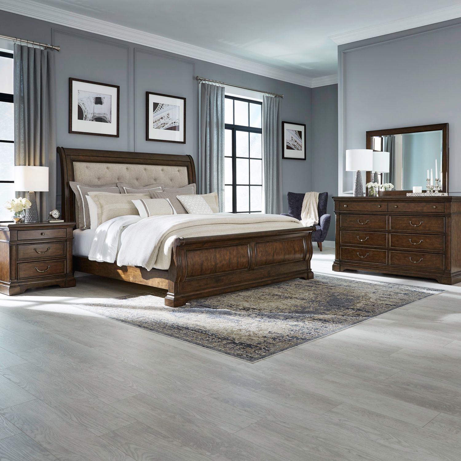 Arden Road King Uph Sleigh Bed, Dresser & Mirror, Night Stand