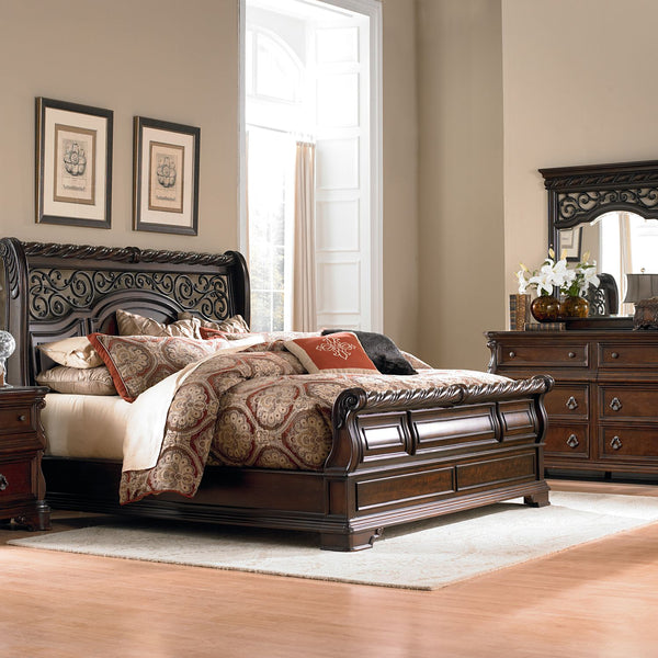 Arbor Place King California Sleigh Bed, Dresser & Mirror, Night Stand - 575-BR-KCSDMN