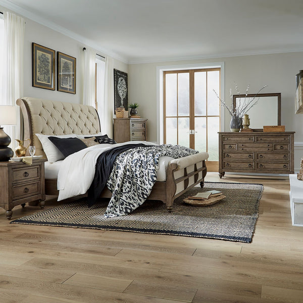 Americana Farmhouse King California Sleigh Bed, Dresser & Mirror, Chest, Night Stand - 615-BR-KCSDMCN