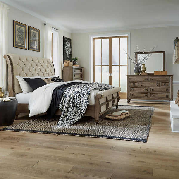 Americana Farmhouse King Sleigh Bed, Dresser & Mirror, Chest - 615-BR-KSLDMC