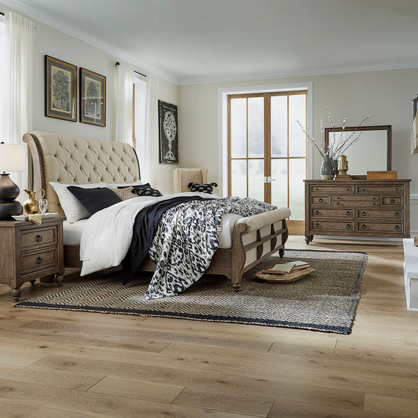 Americana Farmhouse Queen Sleigh Bed, Dresser & Mirror, N/S - 615-BR-QSLDMN