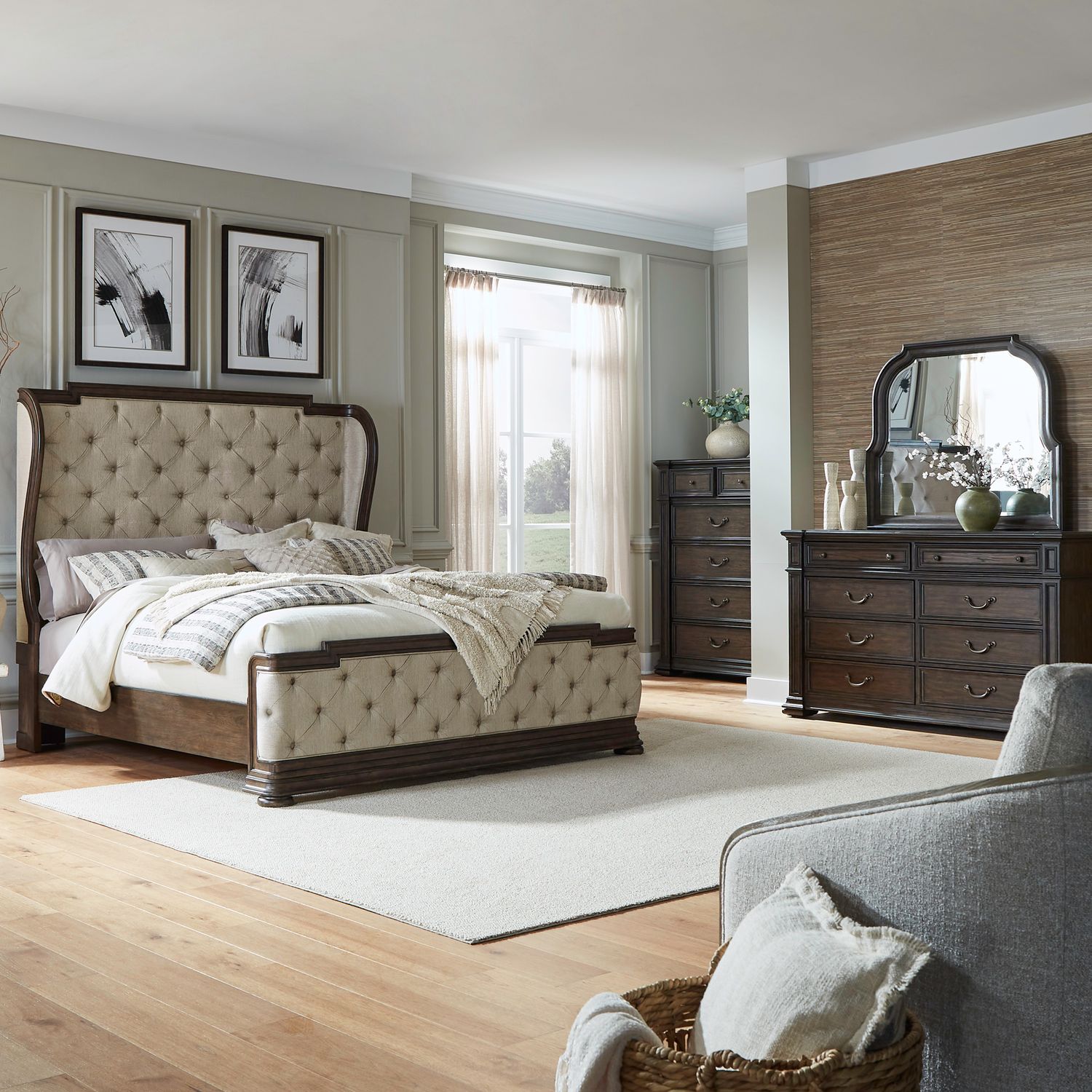 Provence Park King Shelter Bed, Dresser & Mirror, Chest
