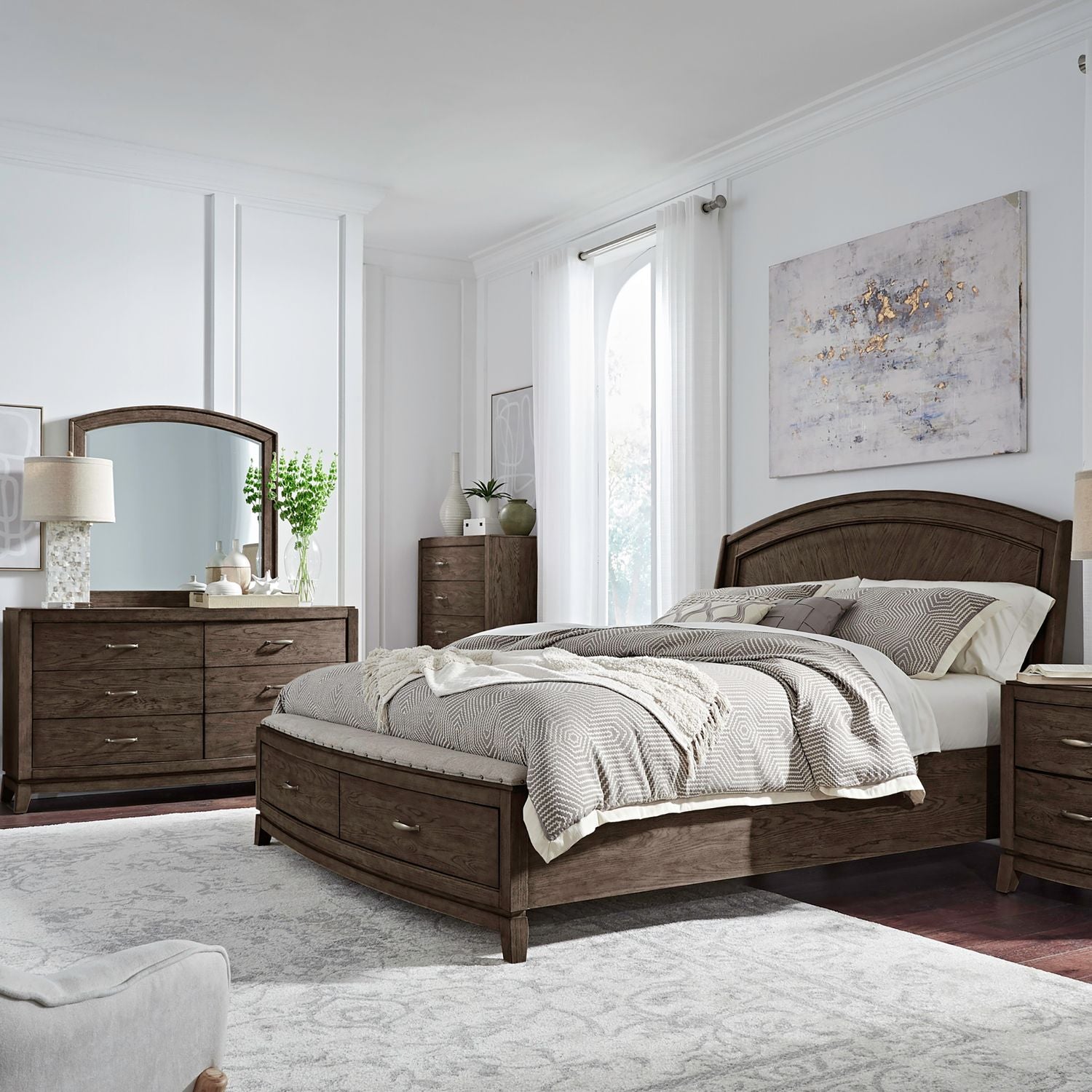 Avalon King Panel Storage Bed, Dresser & Mirror, Chest