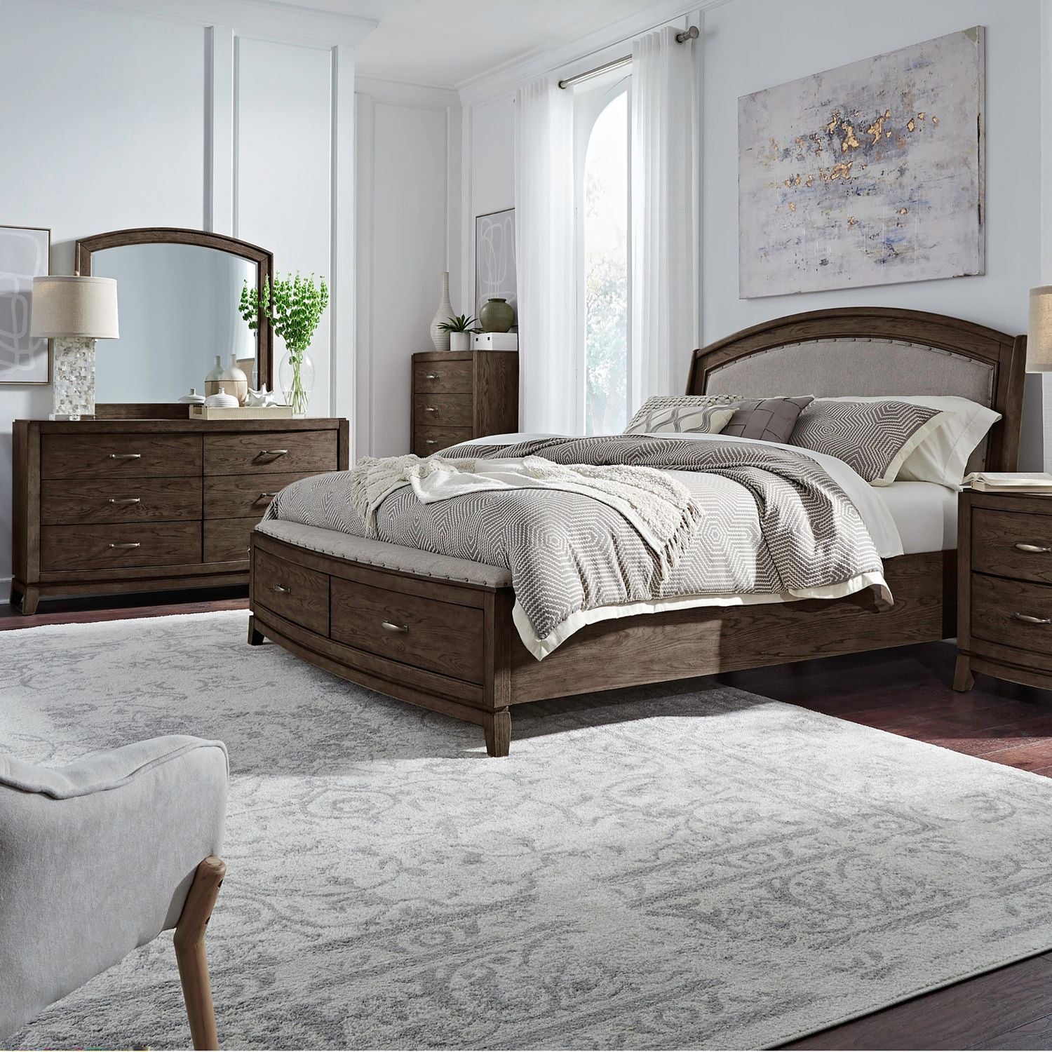 Avalon Queen Uph Storage Bed, Dresser & Mirror, Chest