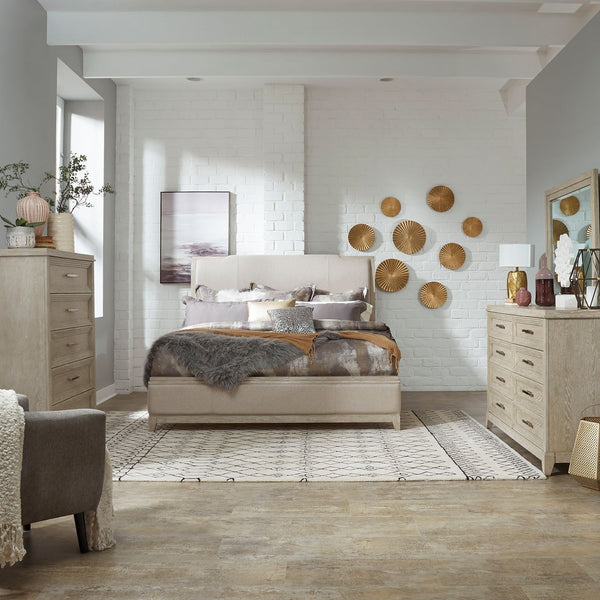 Belmar King California Upholstered Bed, Dresser & Mirror, Chest