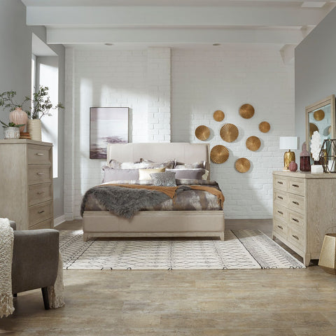 Belmar King California Upholstered Bed, Dresser & Mirror, Chest