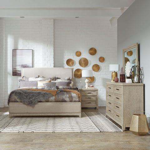 Belmar King California Upholstered Bed, Dresser & Mirror, Night Stand