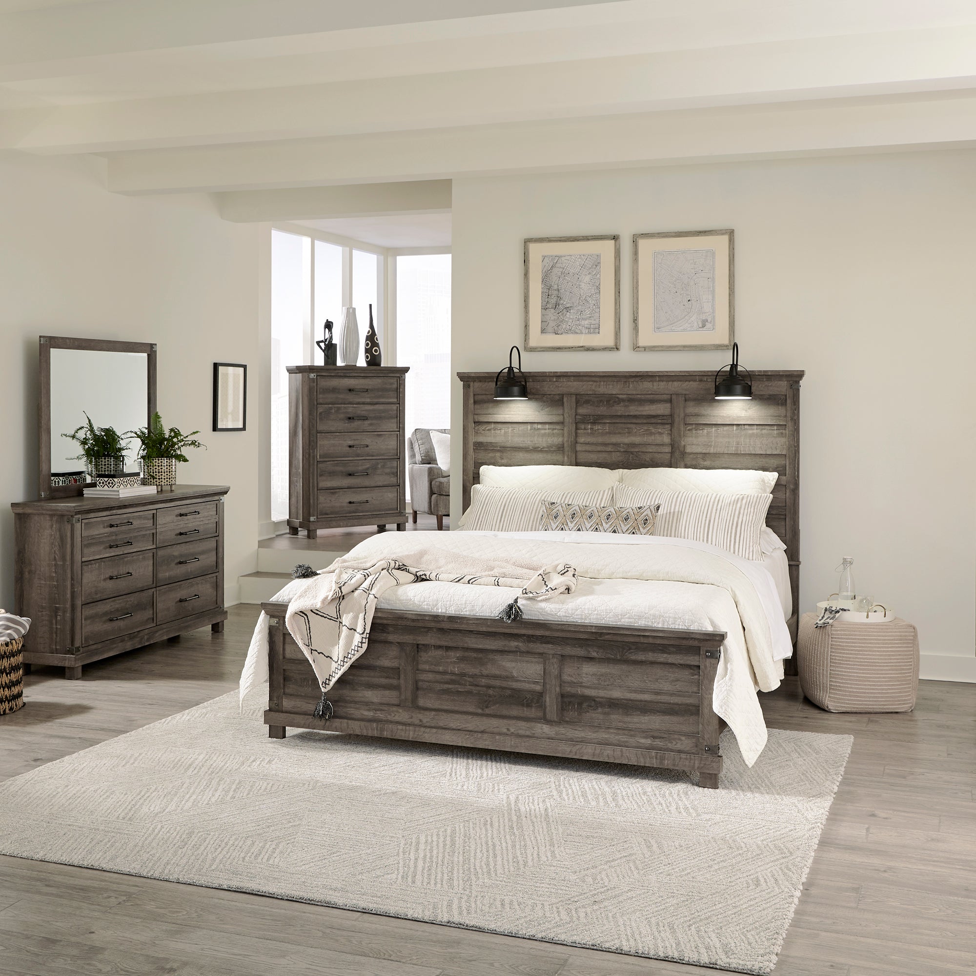 Lakeside Haven 903-BR-KPBDMC King Panel Bed, Dresser & Mirror, Chest