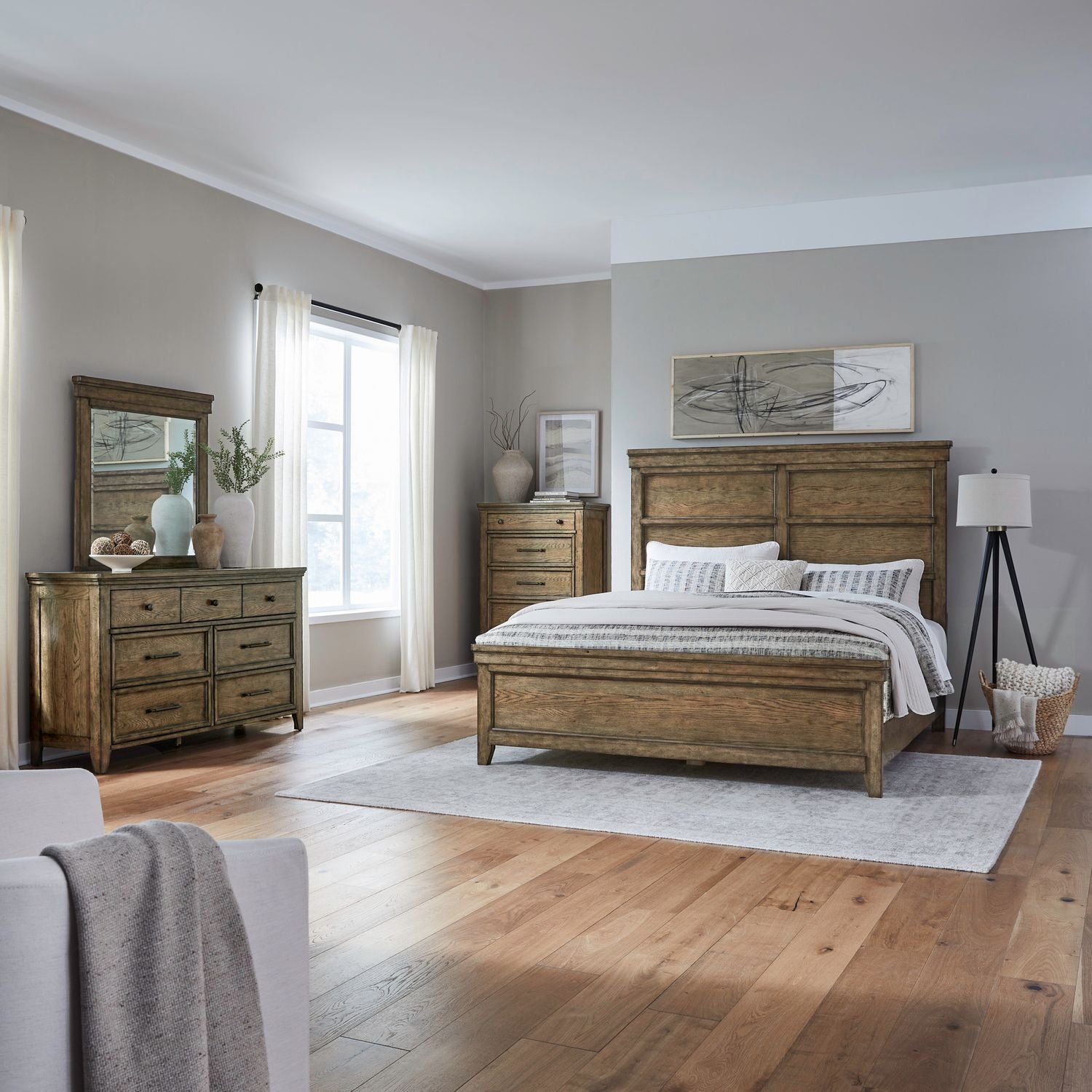 Carolina Park King Panel Bed, Dresser & Mirror, Chest