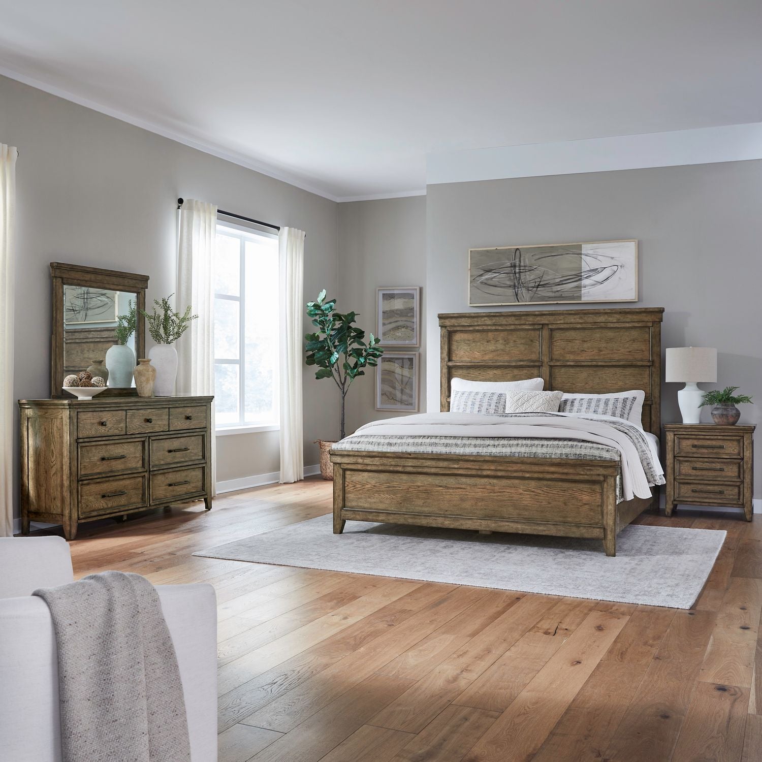 Carolina Park King Panel Bed, Dresser & Mirror, Night Stand