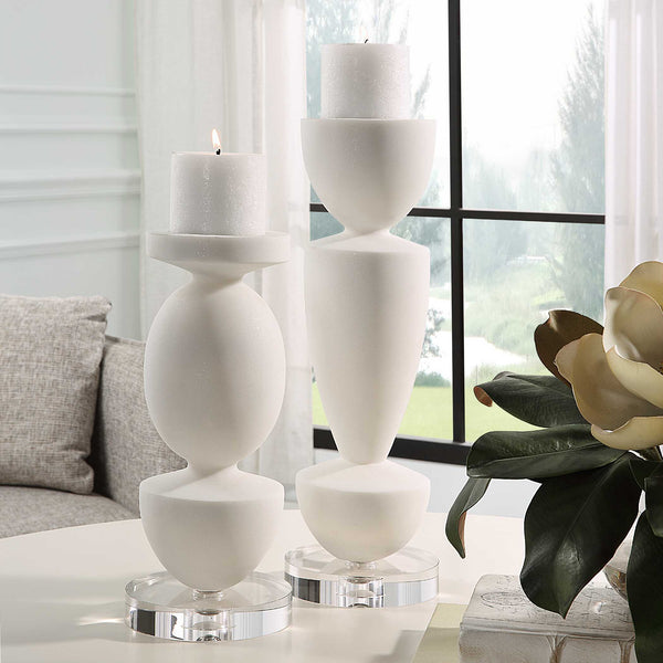 Uttermost Lido White Stone Candleholders Set/2