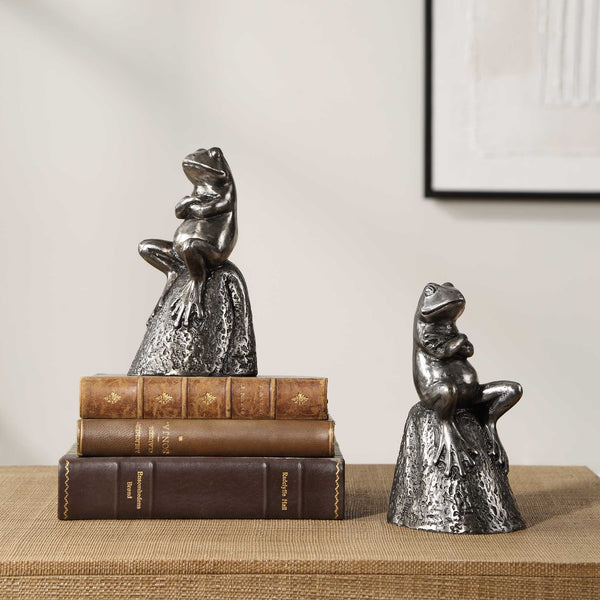 Uttermost Daydreaming Frogs Aged Silver Bookends Set/2