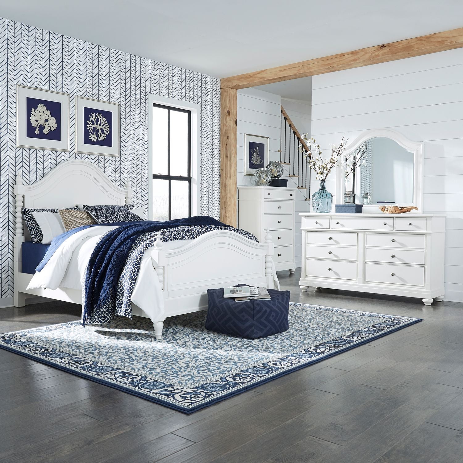 Queen Poster Bed, Dresser & Mirror, Chest